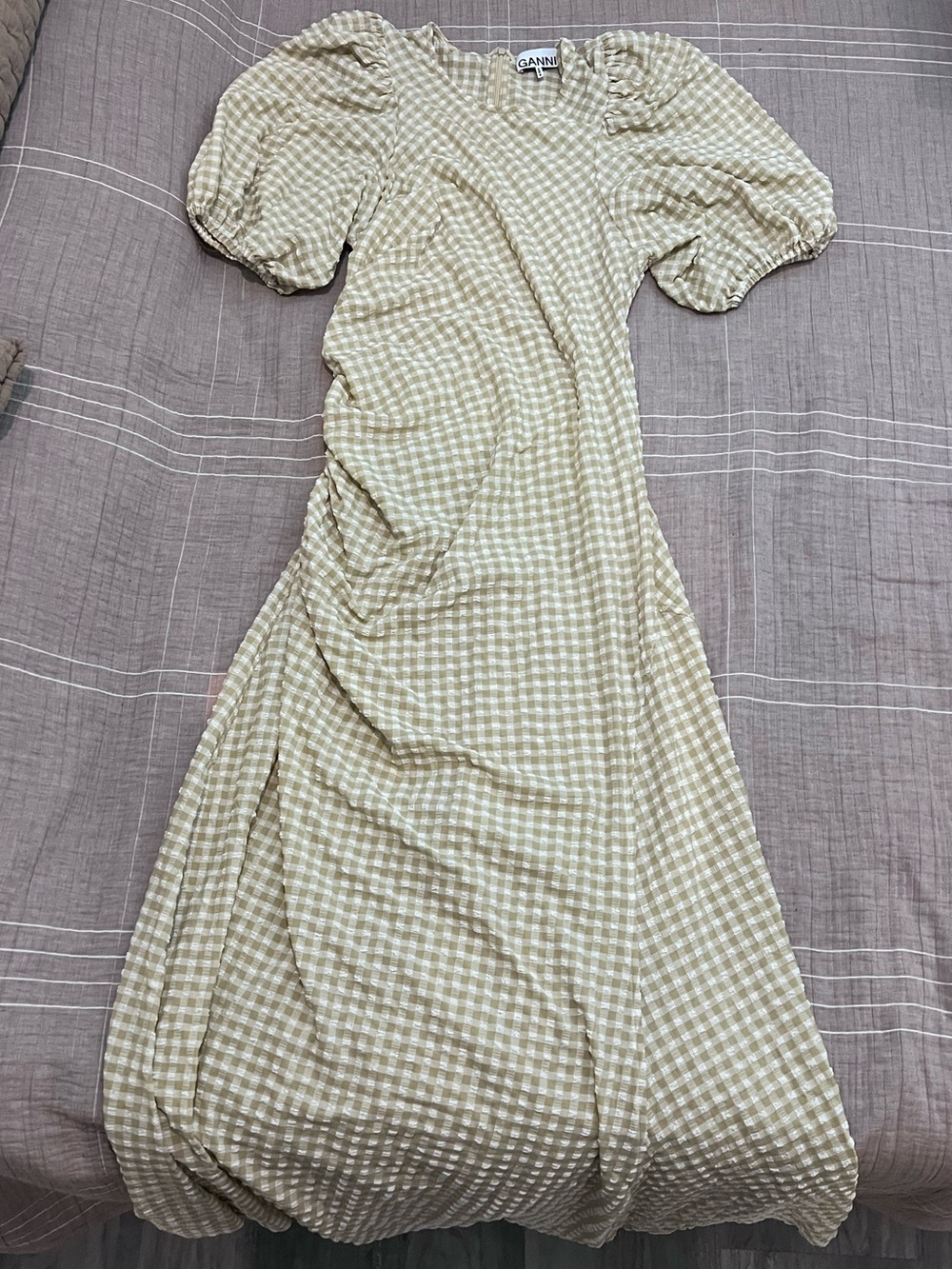 Ganni Sage Olive Gingham Puff-Sleeve Maxi Dress
